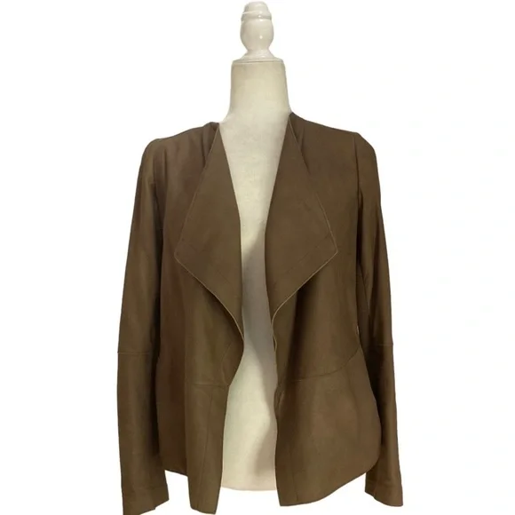 Vince Leather Jacket Draped Collar Open Front in Cocoa Brown - Picture 11 of 11